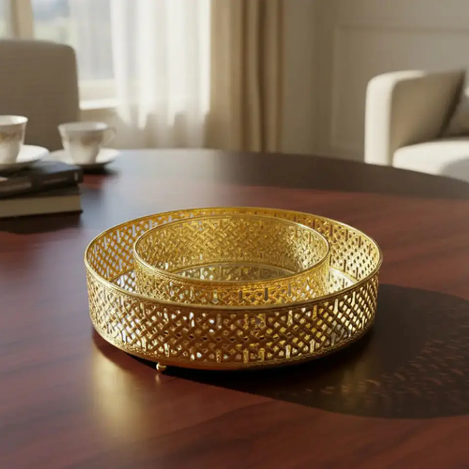 Bandeja Redonda De Metal Dorada Con Espejo Centro De Mesa Dorado Oscuro 1