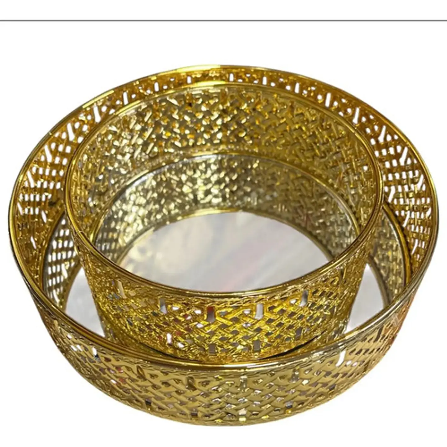 Bandeja Redonda De Metal Dorada Con Espejo Centro De Mesa Dorado Oscuro 2