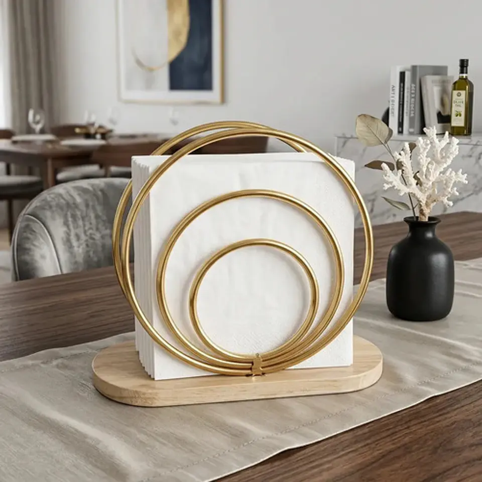 Servilletero Porta Servilletas Moderno Dorado Base De Madera 1