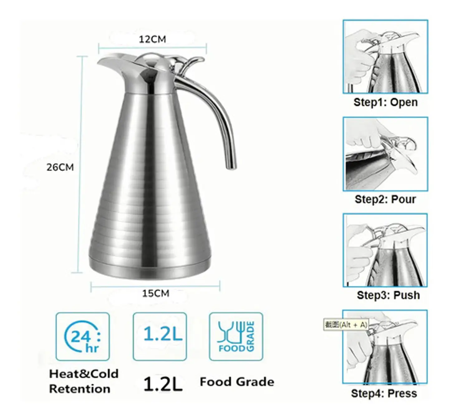 Termo Jarra Plateada Metalico Caliente Frio Cóni Rayado 1.2l 6