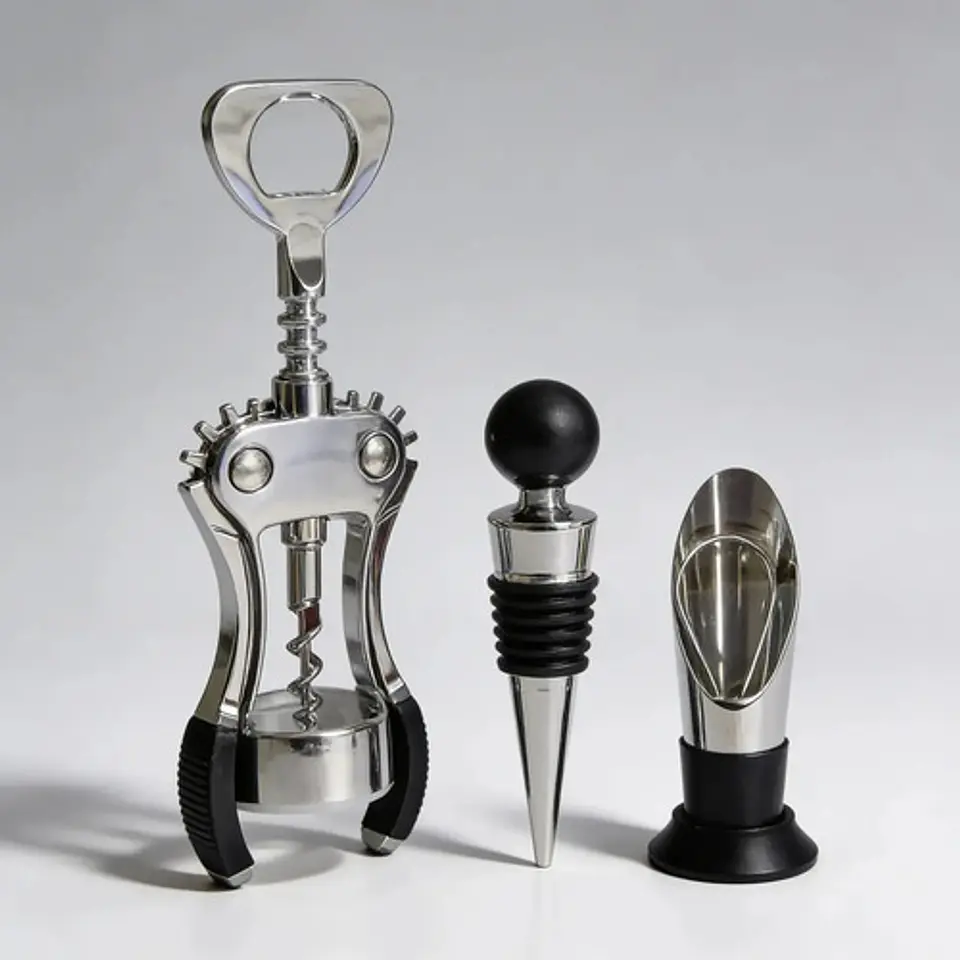 Kit Sacacorchos Vino Destapador Con Tapón Y Vertedor Metálic Plateado 1
