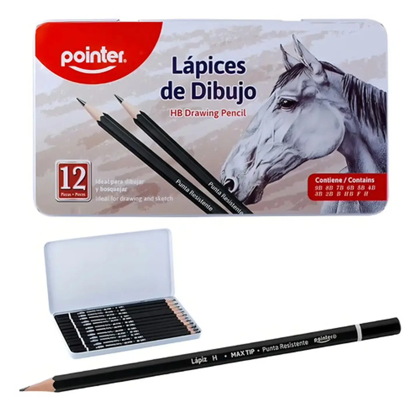 Lápices De Dibujo Grafito Graduados 9b-h Caja Metálica Pointer X12 3