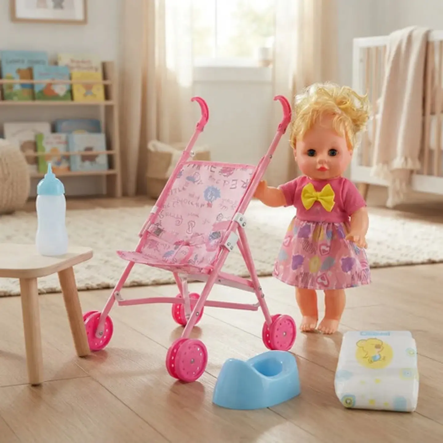 Muñeca Bebé Chichi Con Coche Biberón Pañal Y Vasinilla Niña 4