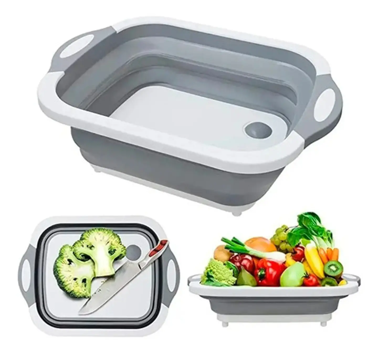 Tabla Picar Escurridor Plegable 3 En 1 Cocina Multifunción Silicona Antideslizante Rebatible Cortar Lavar Verduras Frutas Compacta Pileta Bacha Camping Portátil Resistente Gris 1