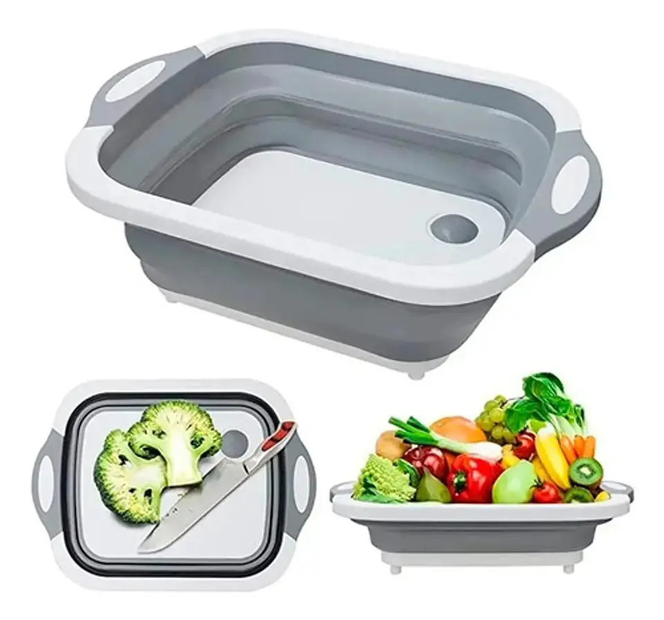 Tabla Picar Escurridor Plegable 3 En 1 Cocina Multifunción Silicona Antideslizante Rebatible Cortar Lavar Verduras Frutas Compacta Pileta Bacha Camping Portátil Resistente Gris 1