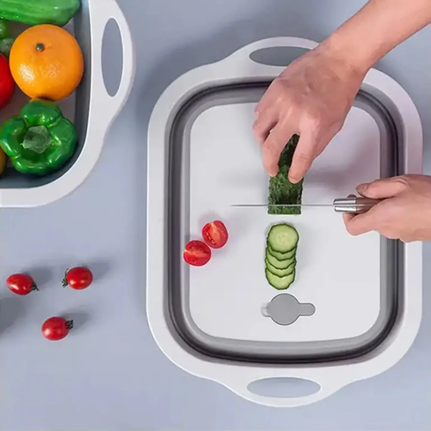 Tabla Picar Escurridor Plegable 3 En 1 Cocina Multifunción Silicona Antideslizante Rebatible Cortar Lavar Verduras Frutas Compacta Pileta Bacha Camping Portátil Resistente Gris 2