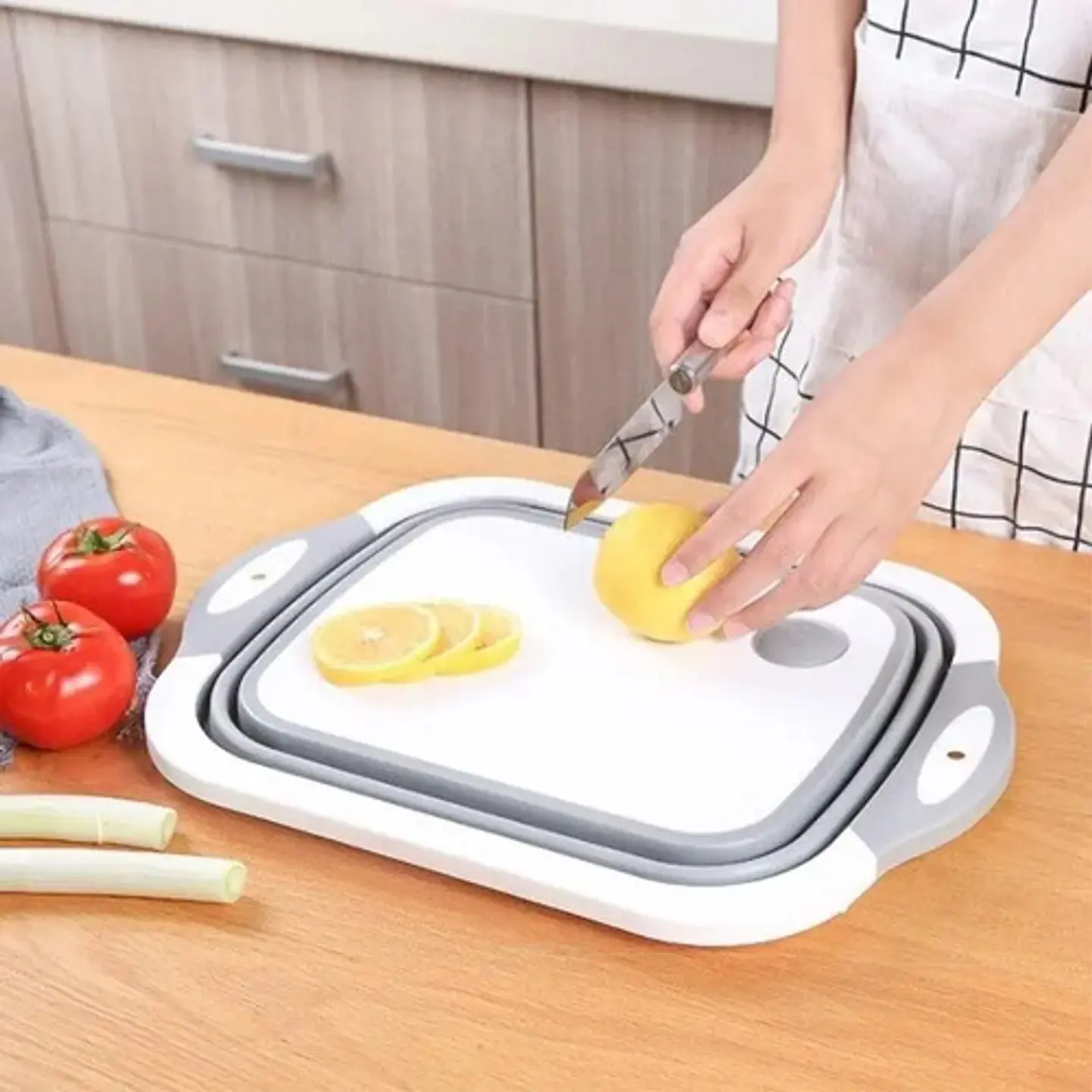 Tabla Picar Escurridor Plegable 3 En 1 Cocina Multifunción Silicona Antideslizante Rebatible Cortar Lavar Verduras Frutas Compacta Pileta Bacha Camping Portátil Resistente Gris 3