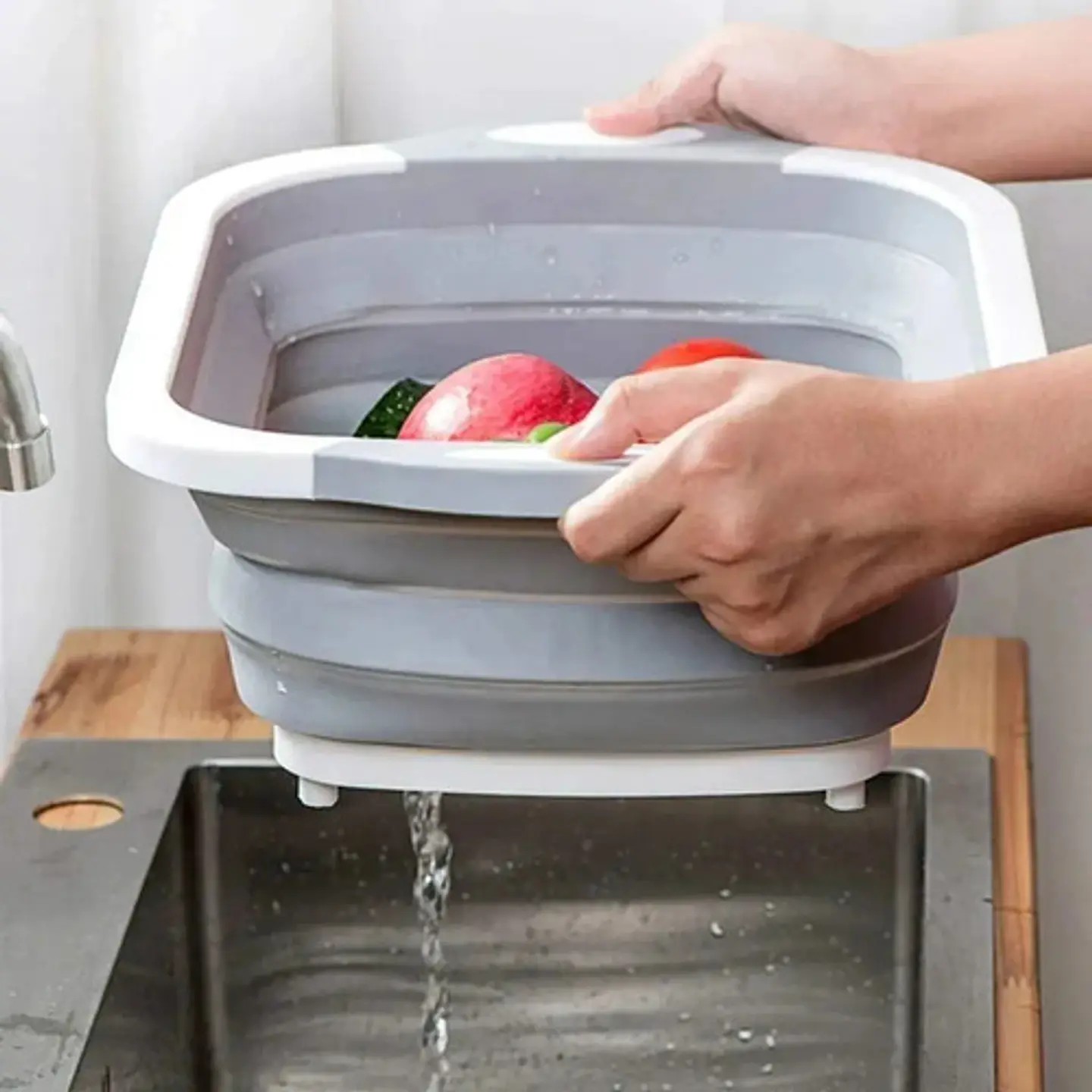 Tabla Picar Escurridor Plegable 3 En 1 Cocina Multifunción Silicona Antideslizante Rebatible Cortar Lavar Verduras Frutas Compacta Pileta Bacha Camping Portátil Resistente Gris 4