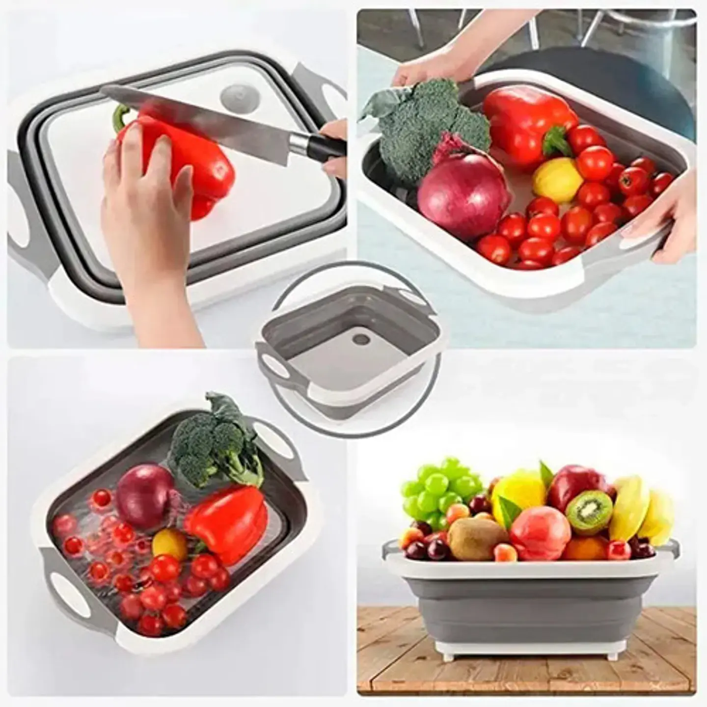 Tabla Picar Escurridor Plegable 3 En 1 Cocina Multifunción Silicona Antideslizante Rebatible Cortar Lavar Verduras Frutas Compacta Pileta Bacha Camping Portátil Resistente Gris 6