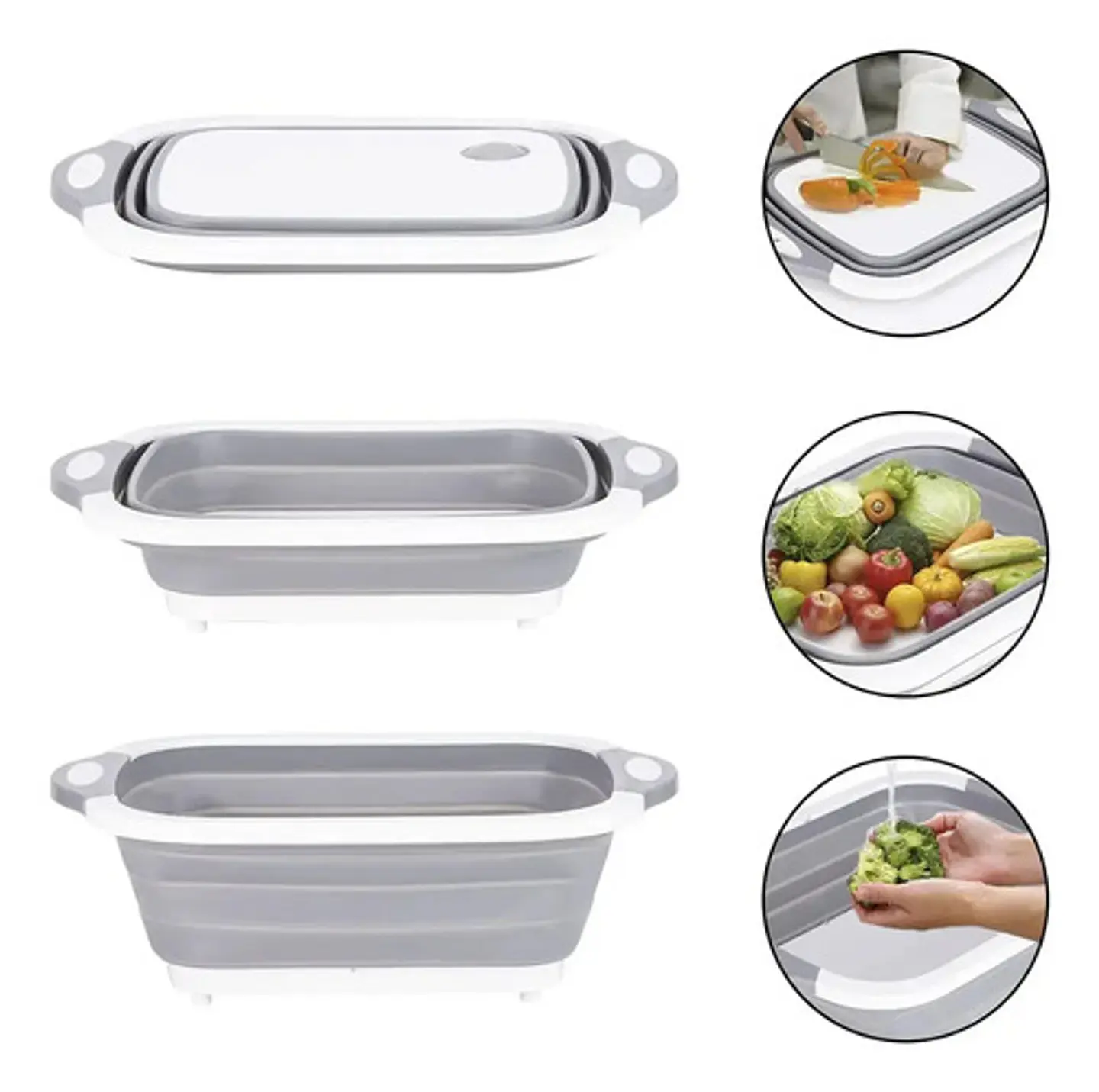 Tabla Picar Escurridor Plegable 3 En 1 Cocina Multifunción Silicona Antideslizante Rebatible Cortar Lavar Verduras Frutas Compacta Pileta Bacha Camping Portátil Resistente Gris 8