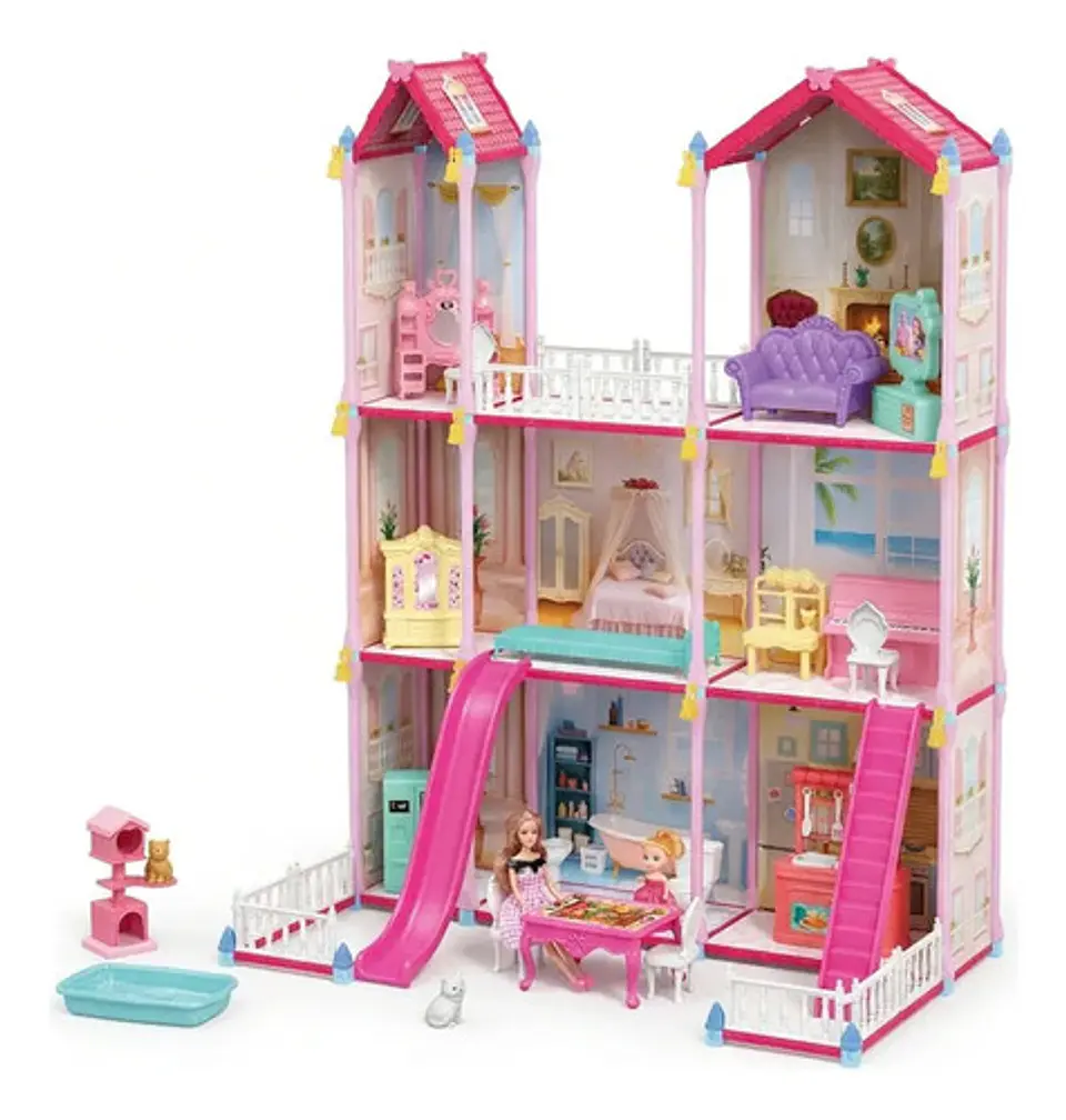 Casa De Muñecas Grande 3 Pisos Con Tobogán Y Accesorios Rosa 1