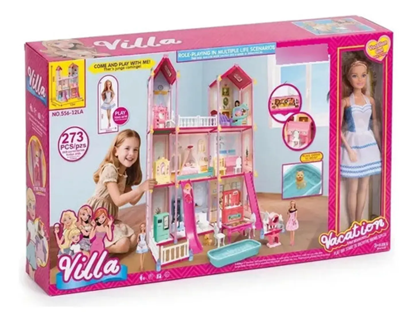 Casa De Muñecas Grande 3 Pisos Con Tobogán Y Accesorios Rosa 2
