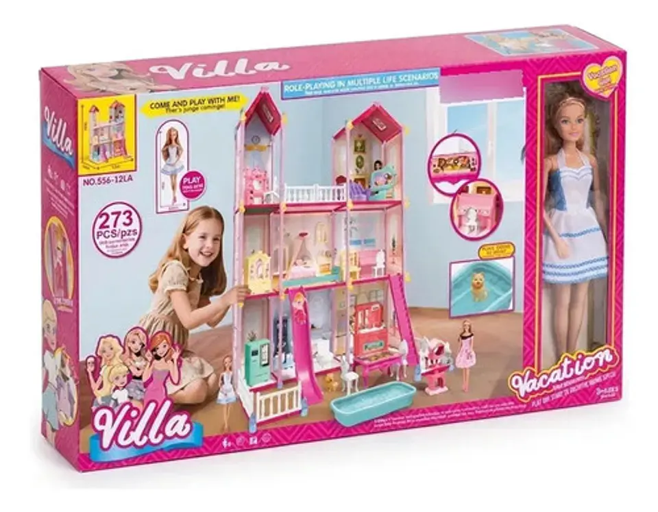 Casa De Muñecas Grande 3 Pisos Con Tobogán Y Accesorios Rosa 2