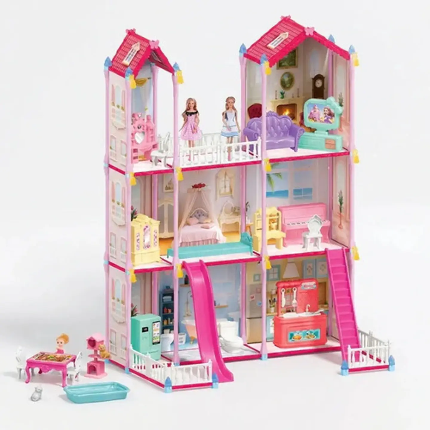 Casa De Muñecas Grande 3 Pisos Con Tobogán Y Accesorios Rosa 3