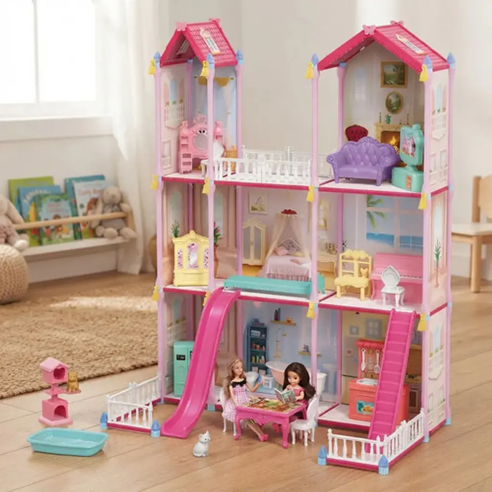 Casa De Muñecas Grande 3 Pisos Con Tobogán Y Accesorios Rosa 4