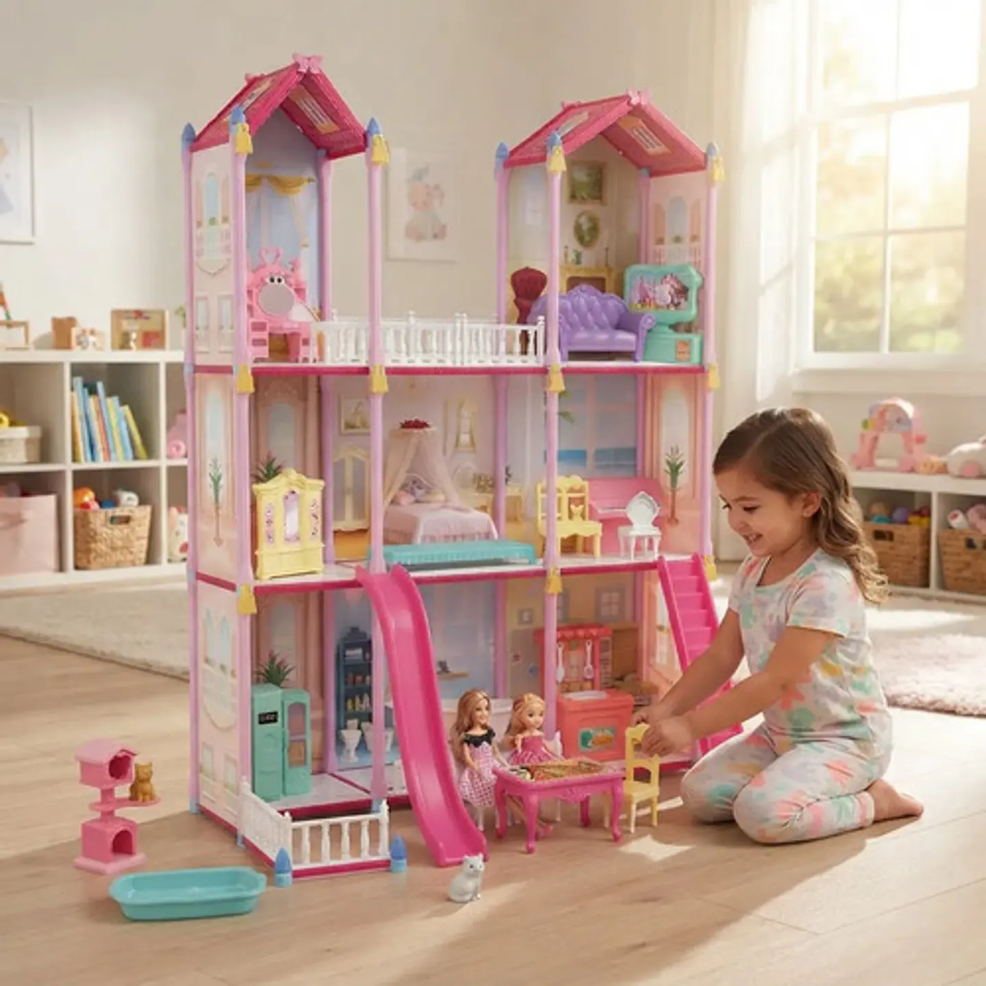 Casa De Muñecas Grande 3 Pisos Con Tobogán Y Accesorios Rosa 5