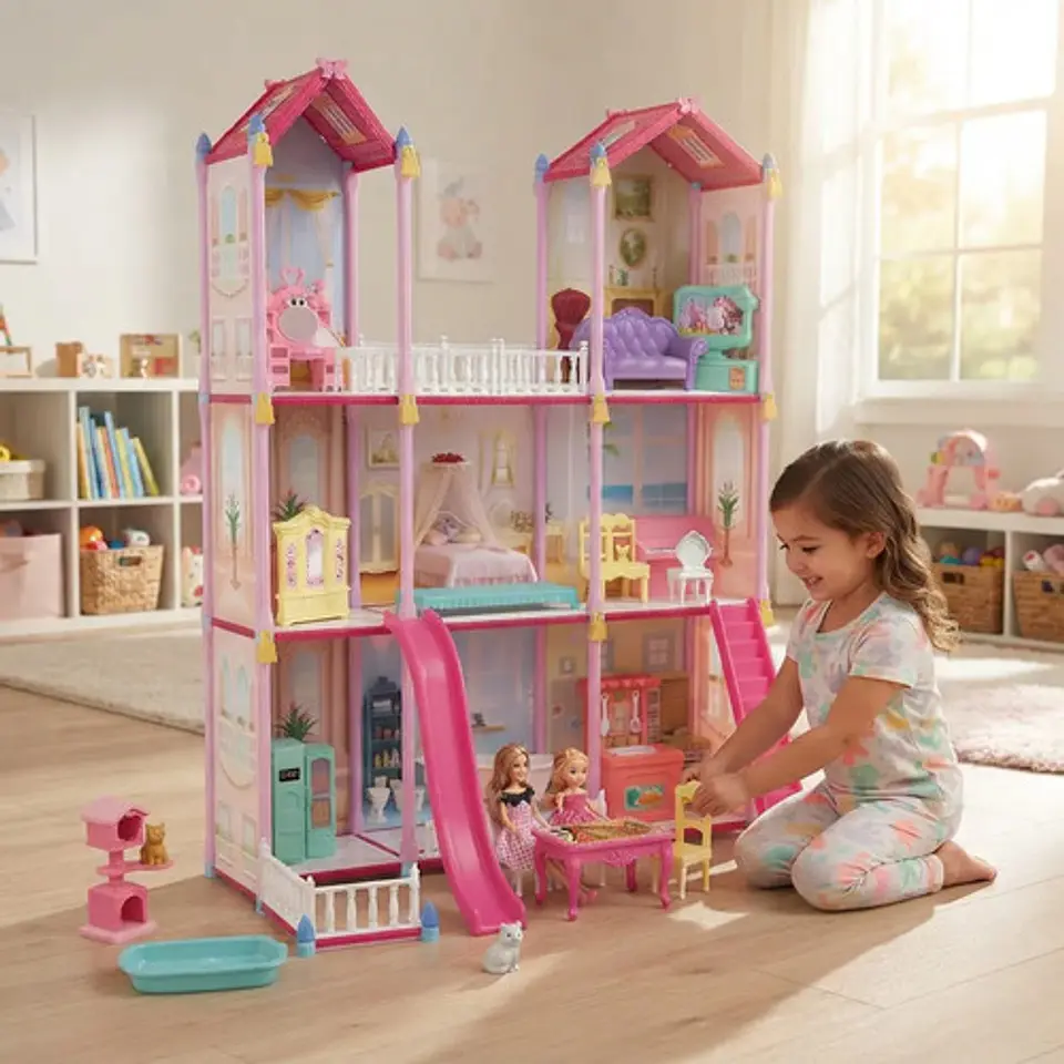 Casa De Muñecas Grande 3 Pisos Con Tobogán Y Accesorios Rosa 5