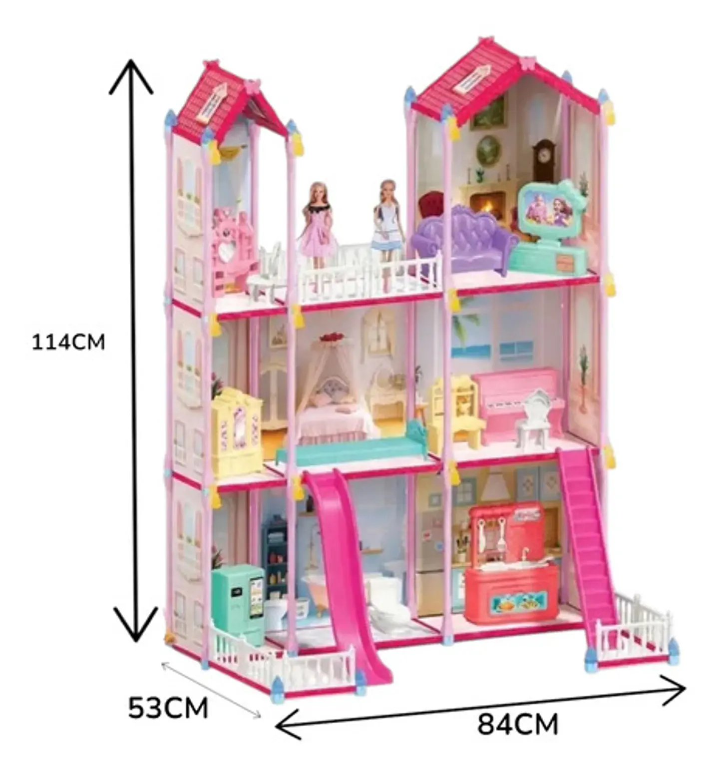 Casa De Muñecas Grande 3 Pisos Con Tobogán Y Accesorios Rosa 6
