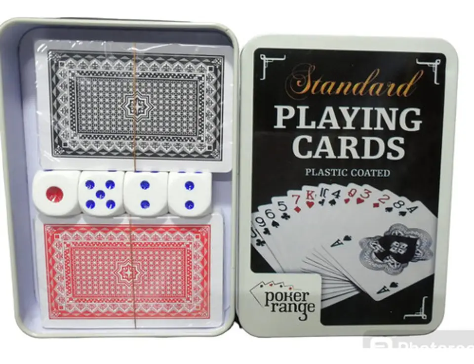 Baraja Cartas Juego Poker Plásticas Estuche Metálico Dados 2