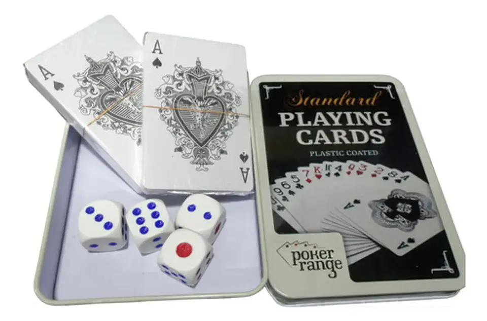 Baraja Cartas Juego Poker Plásticas Estuche Metálico Dados 3