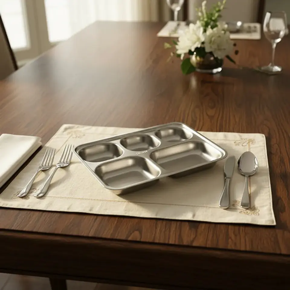 Plato Rectangular 5 Divisiones Acero Inoxidable Comida 1