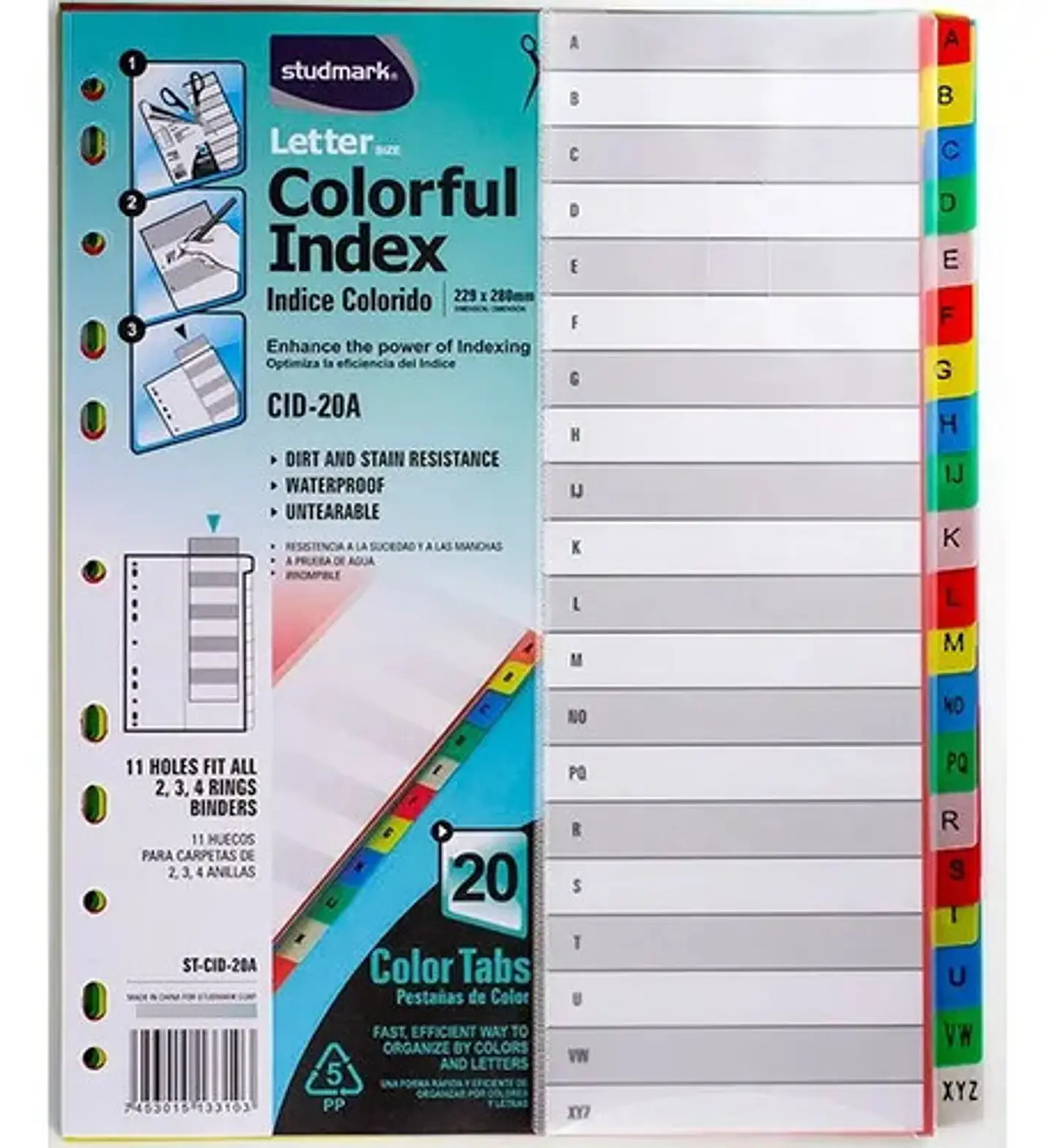 Separador Letras Alfabético Studmark 20 Unidades Carta Colores 11 Huecos Surtido Cid-20a 1