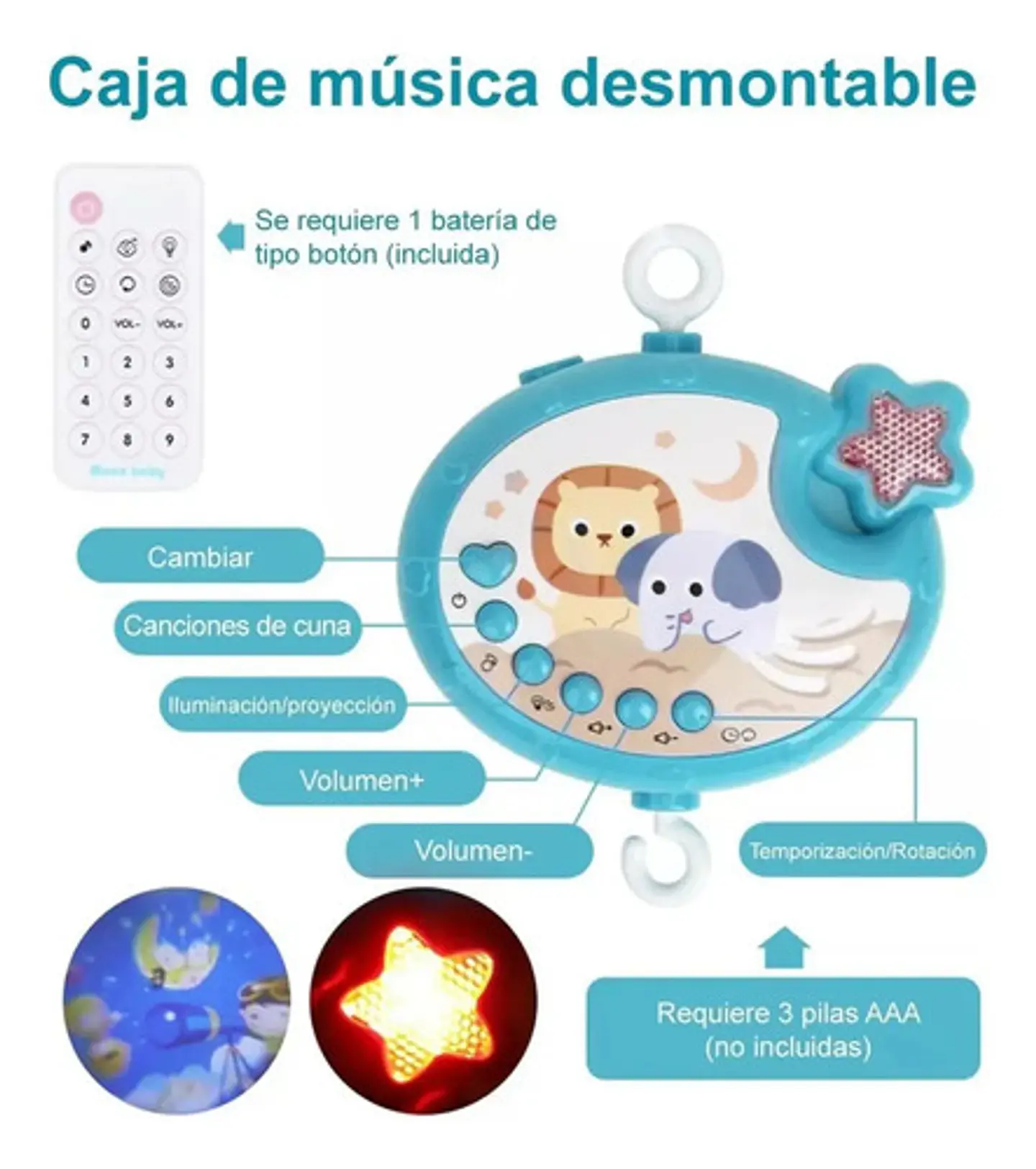 Movil Musical Cuna Bebe Proyector Control Remoto 8