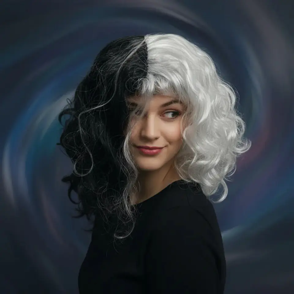 Peluca Corta Blanco/negro Disfraz Haloween  Villana Cruella 1