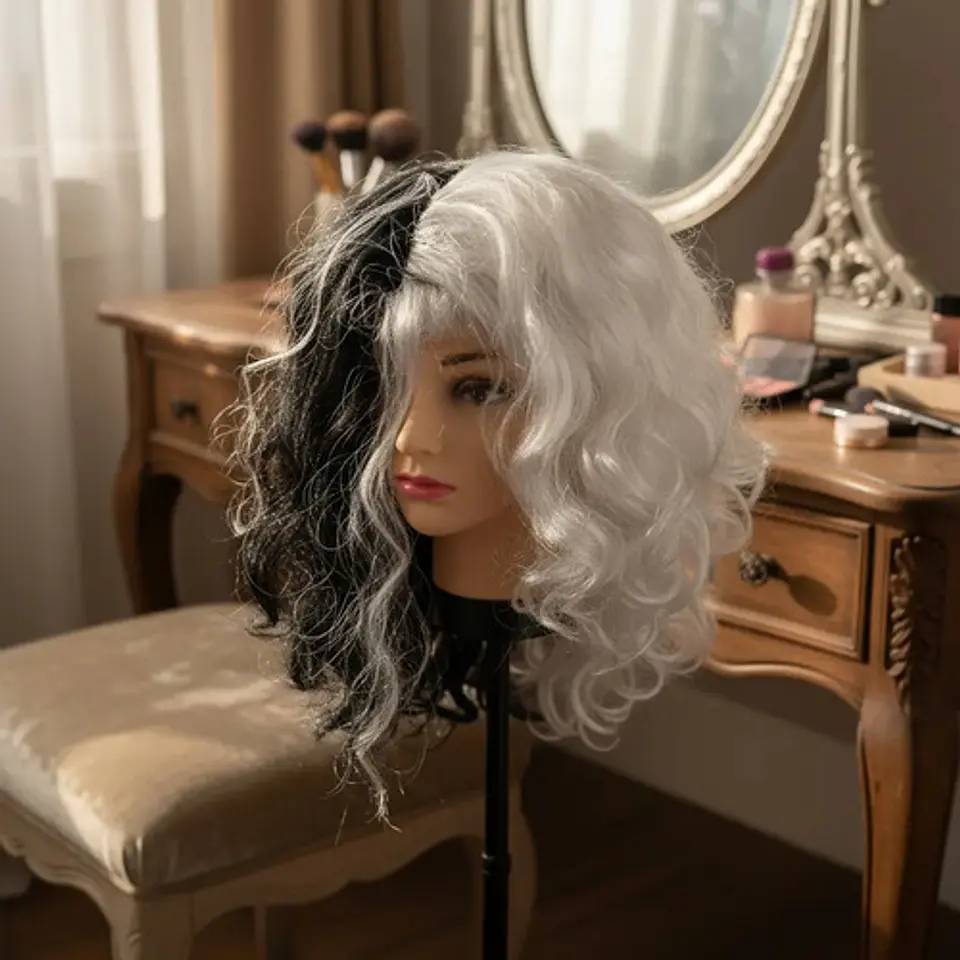 Peluca Corta Blanco/negro Disfraz Haloween  Villana Cruella 2