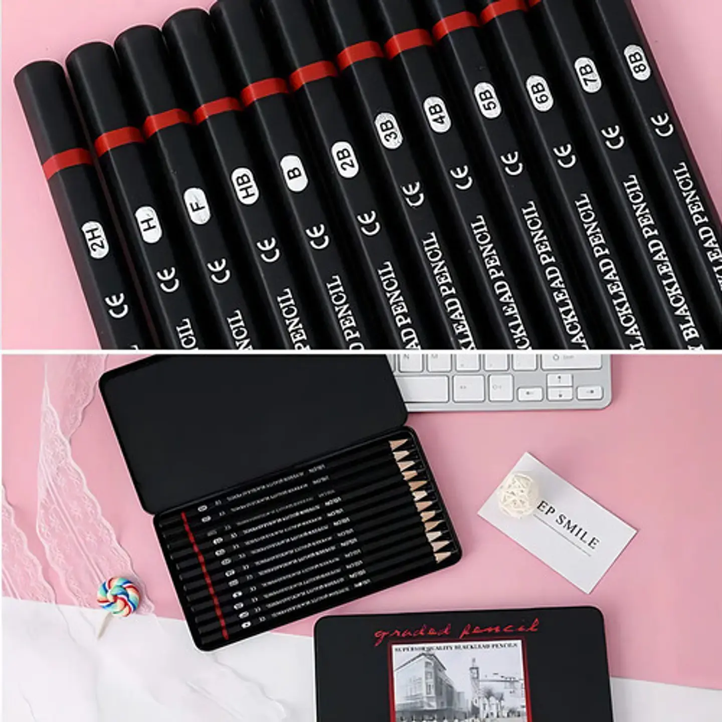 Lápiz Graduado De Dibujo X 12 Unds. Estuche Metálico Negro 6
