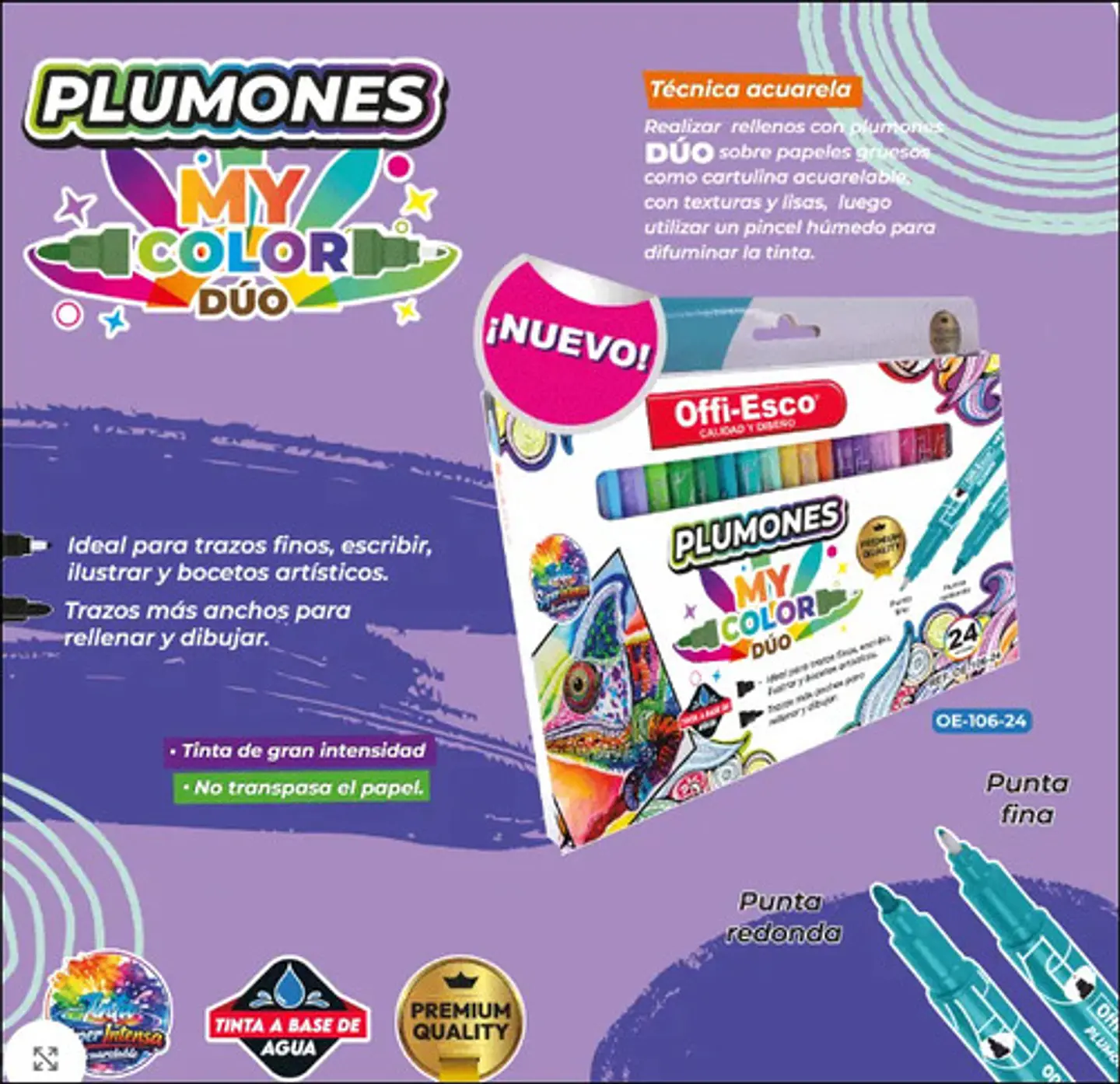 Plumones Duo Doble Punta Fina Y Gruesa Colorear Offiesco X24 3