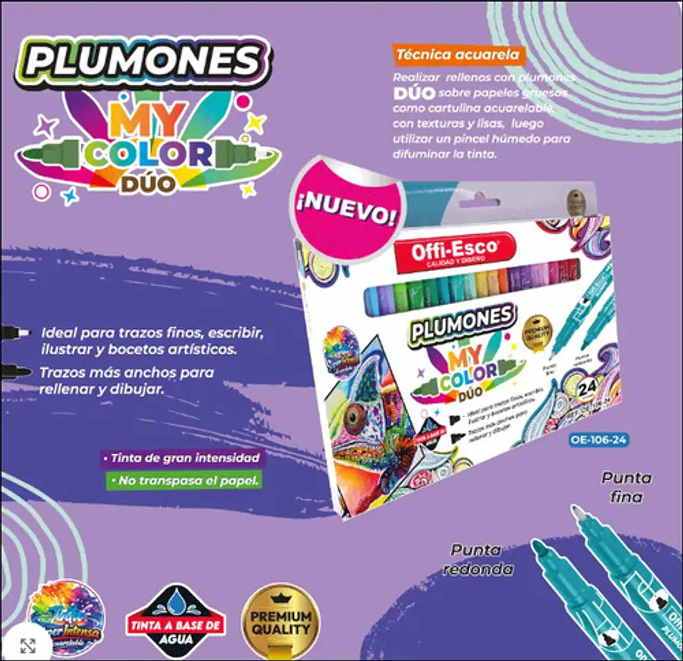Plumones Duo Doble Punta Fina Y Gruesa Colorear Offiesco X24 3