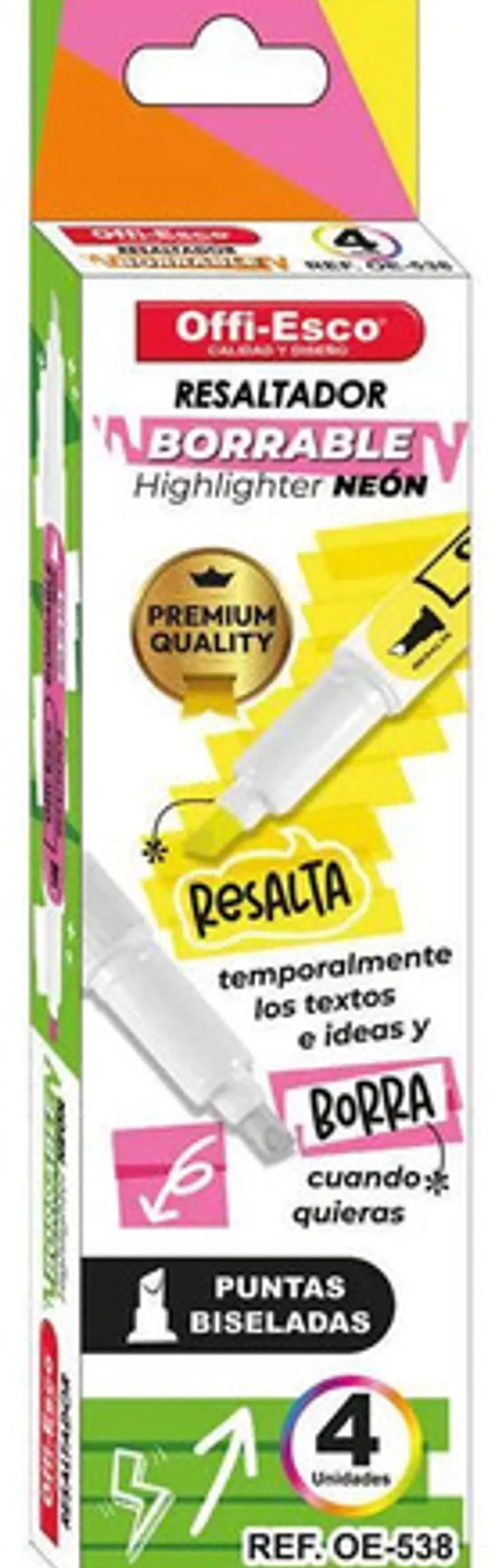 Resaltador Borrable Offi-esco Neón Puntas Biseladas X 4 Unid 4