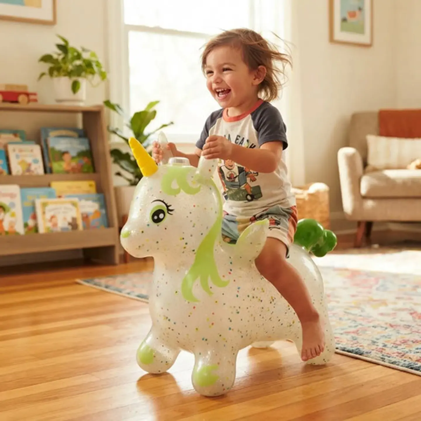 Unicornio Saltarín Inflable Montable Escarcha Luces Sonidos 4