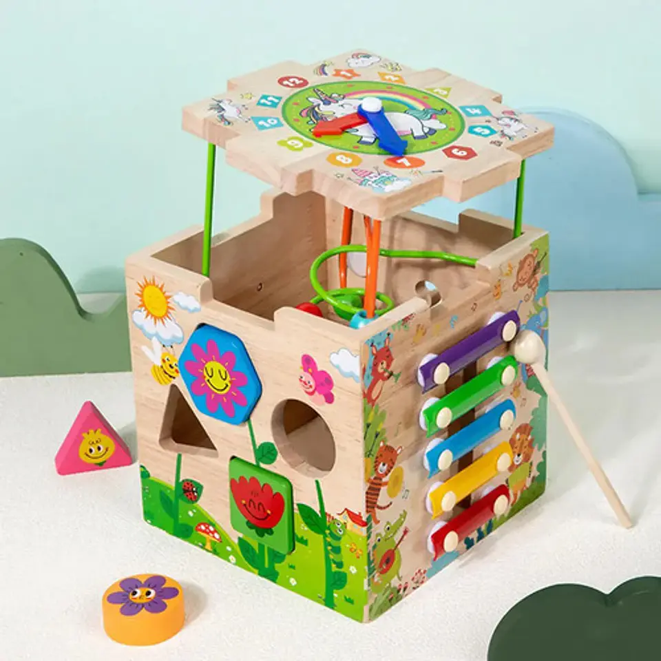 Cubo De Actividades De Madera Con Laberinto Y Xilófono Para 7