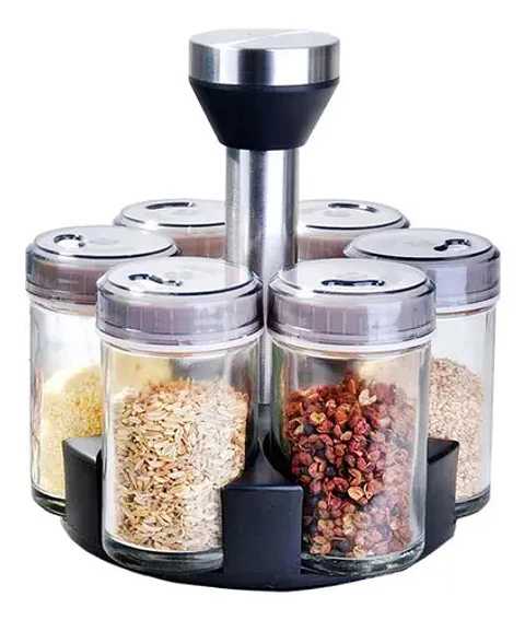 Especiero Giratorio Pote Inoxidable Con 6 Frascos Vidrio Para Mesa Cocina