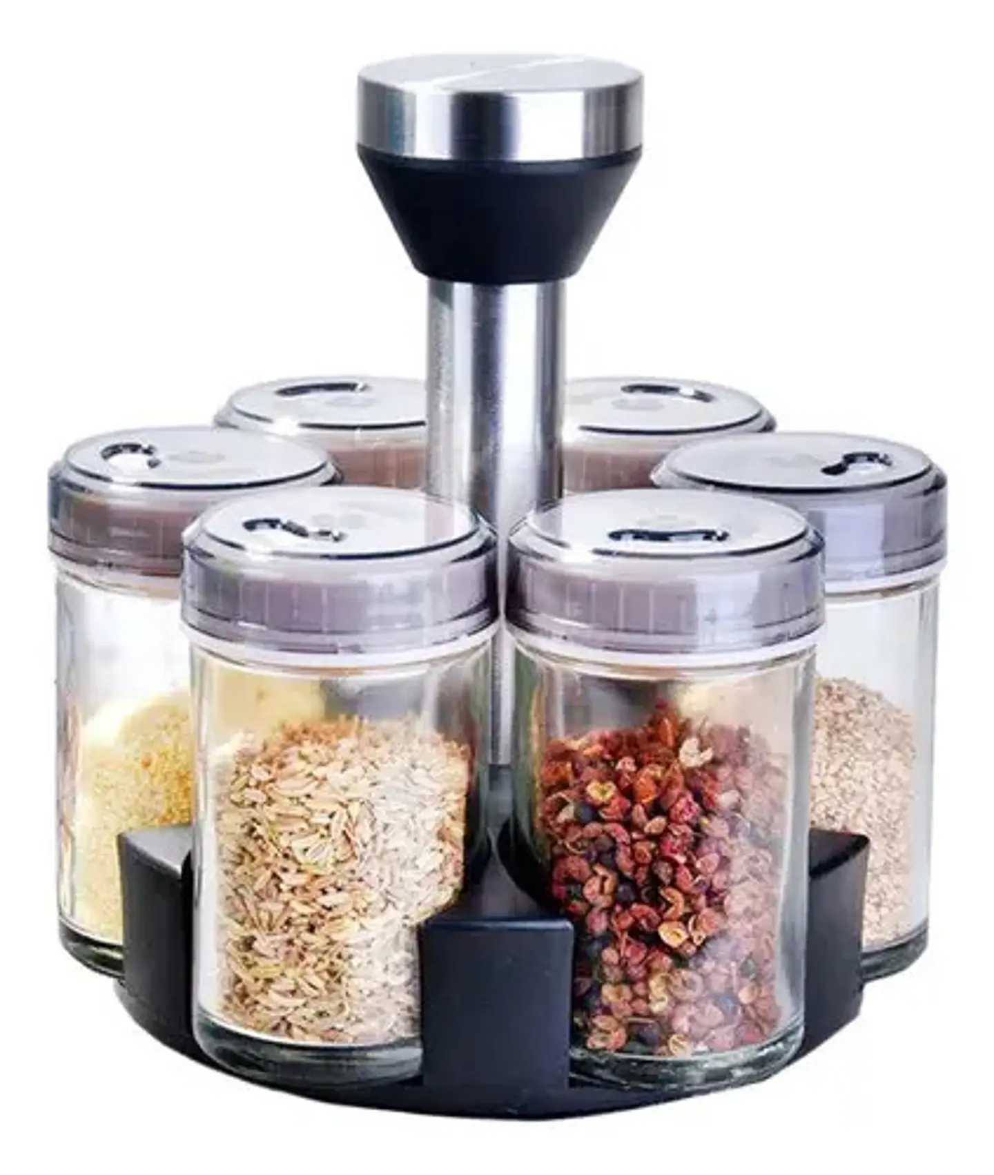 Especiero Giratorio Pote Inoxidable Con 6 Frascos Vidrio Para Mesa Cocina 1
