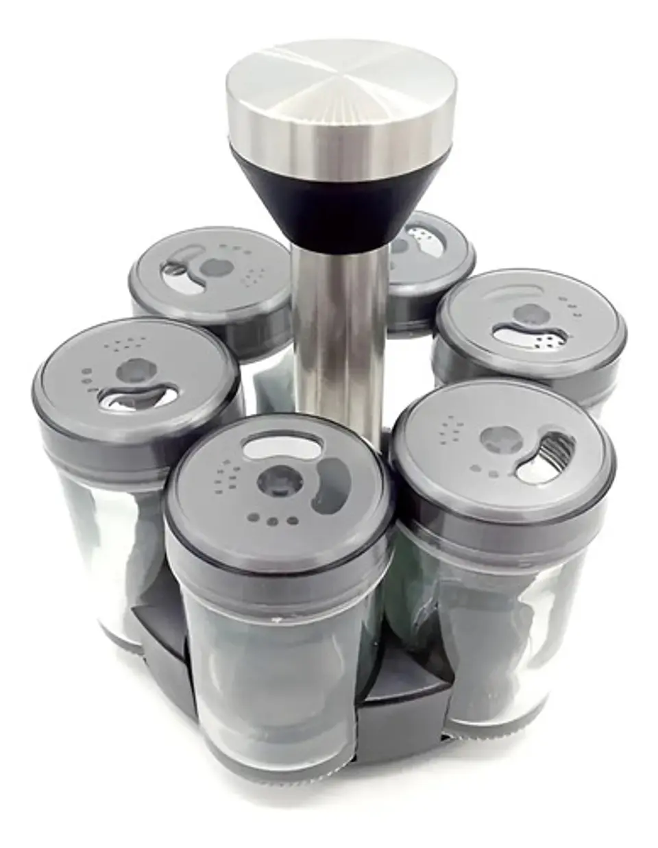 Especiero Giratorio Pote Inoxidable Con 6 Frascos Vidrio Para Mesa Cocina 2