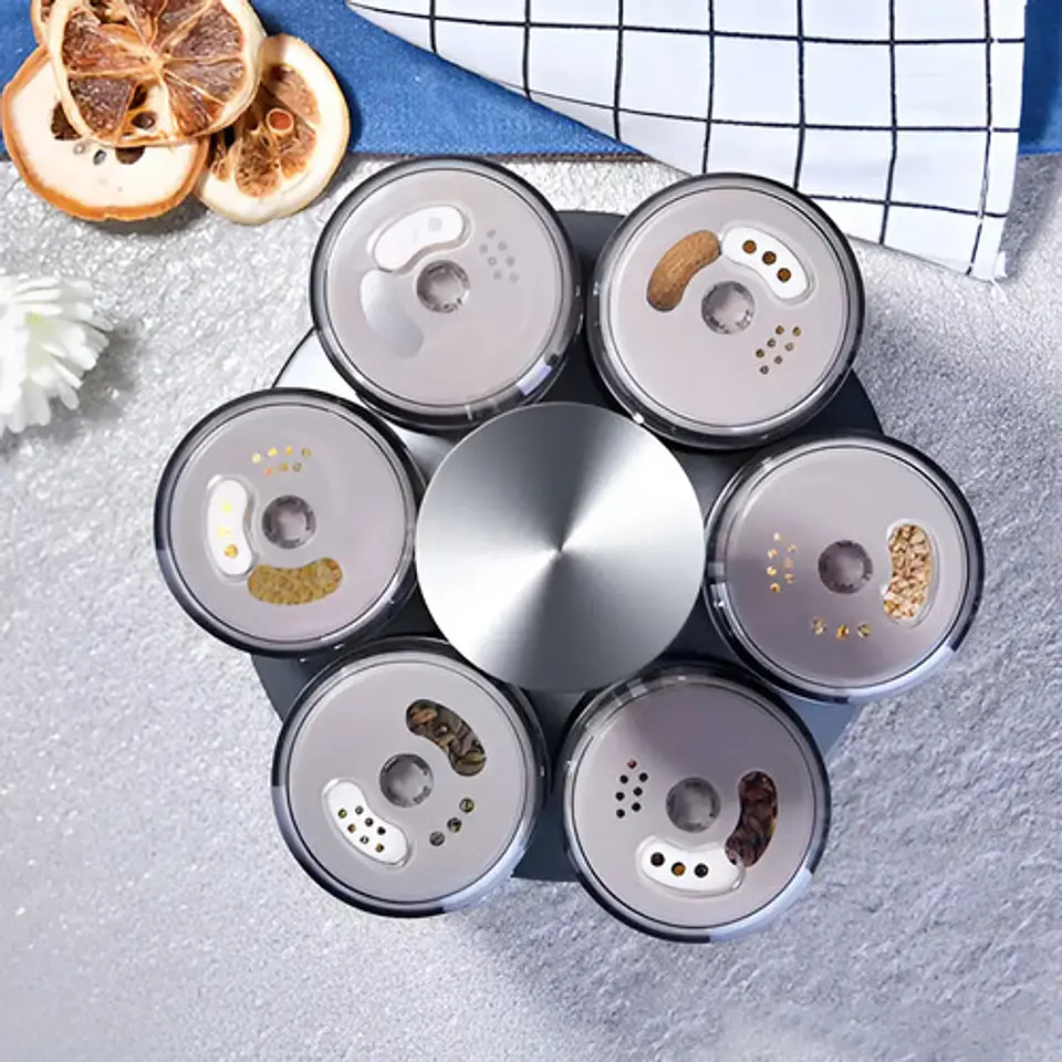 Especiero Giratorio Pote Inoxidable Con 6 Frascos Vidrio Para Mesa Cocina 3