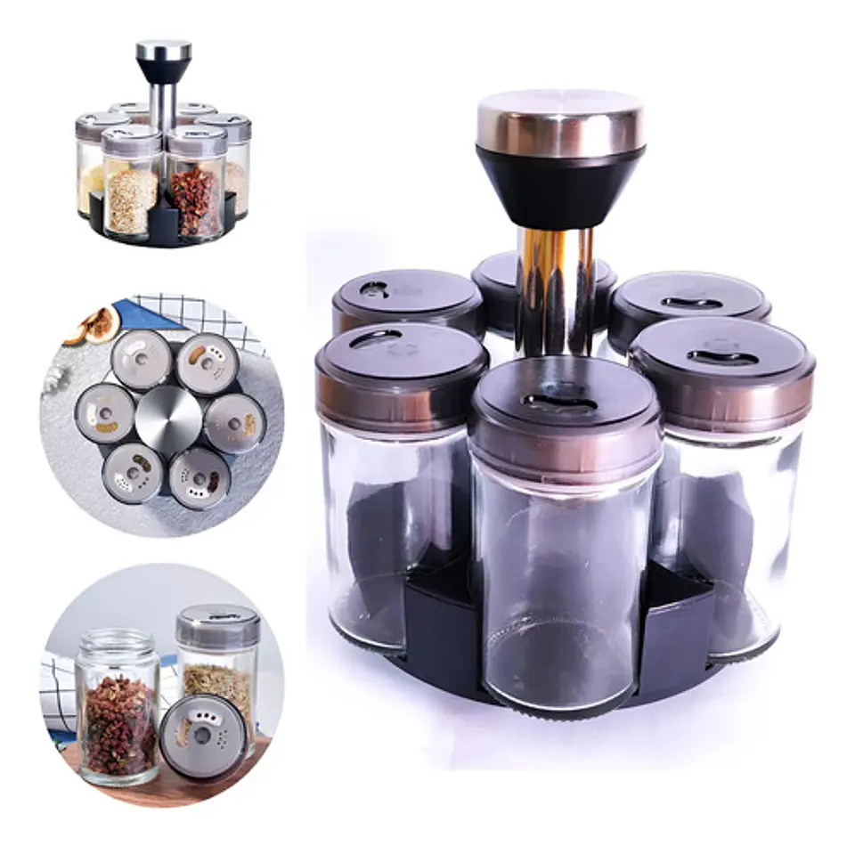 Especiero Giratorio Pote Inoxidable Con 6 Frascos Vidrio Para Mesa Cocina 5