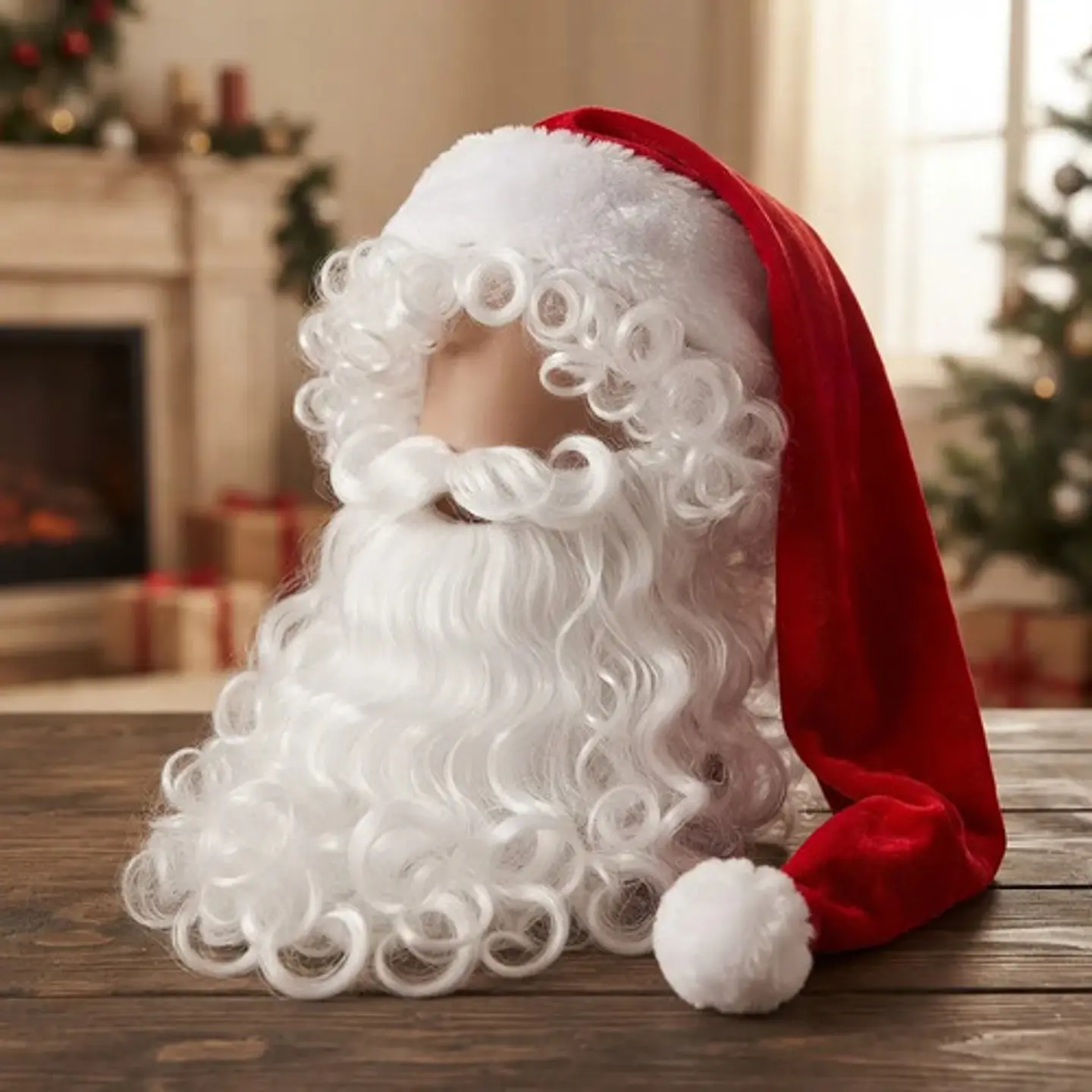 Set Gorro De Papá Noel Rojo Con Barba Y Peluca Blanca Fiesta Rojo Blanco 2