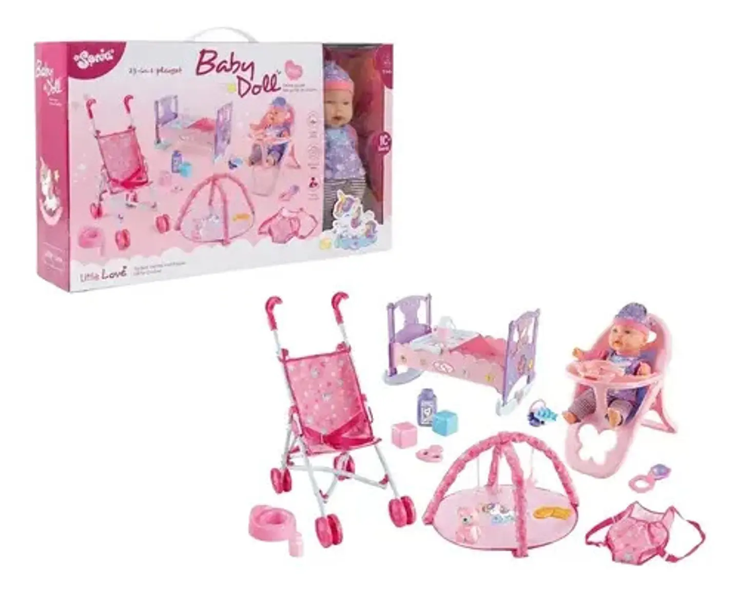 Muñeca Bebé Sonia Coche Cuna Silla Comedor Y Accesorios 2