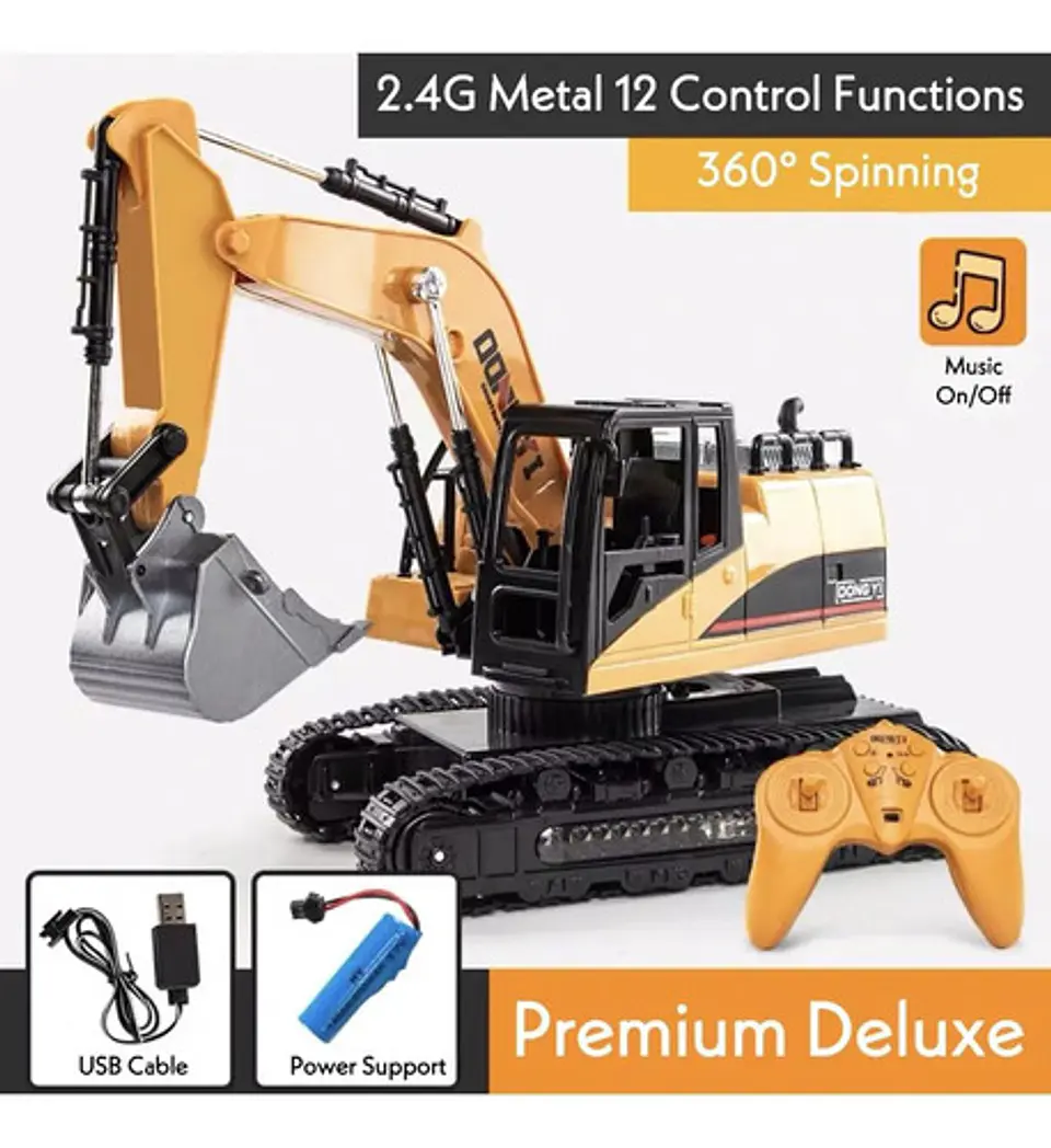 Retro Excavadora Control Remoto Camion Recargable Niños Amarillo Retroexcavadora 4