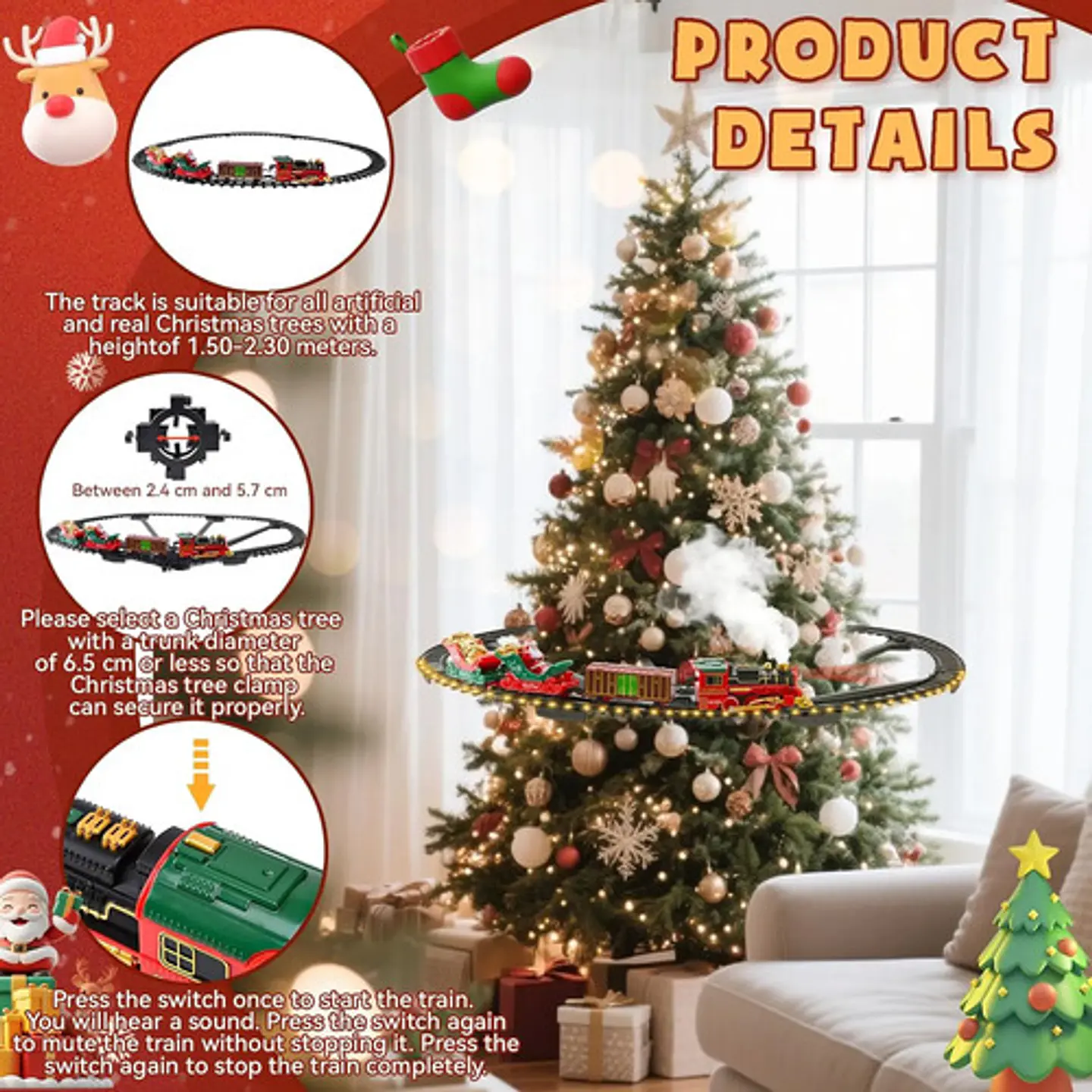 Tren Electrico Navideño Para Árbol Con Luces Spray Humo 3