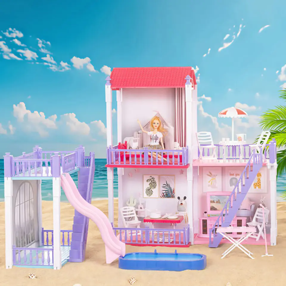 Casa De Muñecas 2 Pisos Amueblada De Lujo Piscina 167pcs Rosa 1