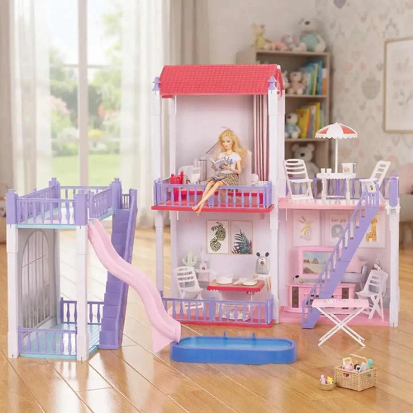 Casa De Muñecas 2 Pisos Amueblada De Lujo Piscina 167pcs Rosa 2