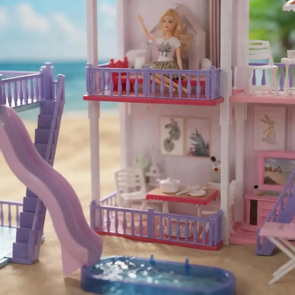 Casa De Muñecas 2 Pisos Amueblada De Lujo Piscina 167pcs Rosa 3