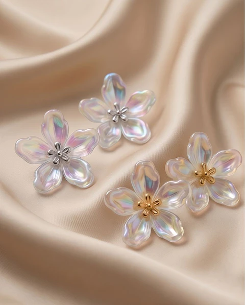 Brincos "Iridescent Bloom" – Pétalas Furta-Cor & Centro Metálico