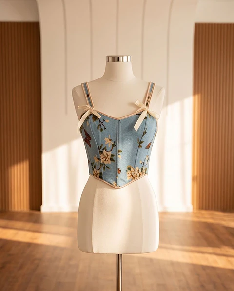 Corpete "Enchanted Garden" – Tapeçaria Floral & Laços em Cetim