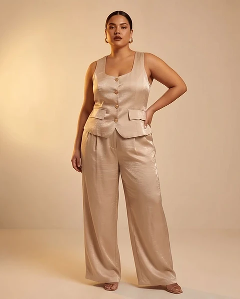 Conjunto "Champagne Glow" – Colete Alfaiataria & Calças Fluidas em Cetim